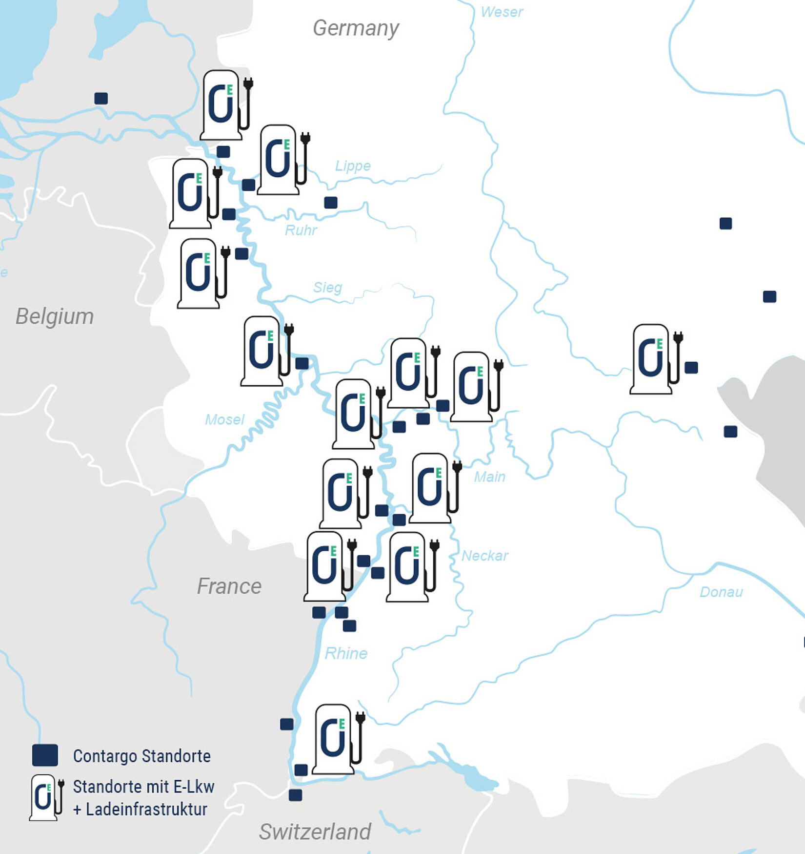 Karte mit der Ladeinfrasturktur von Contargo