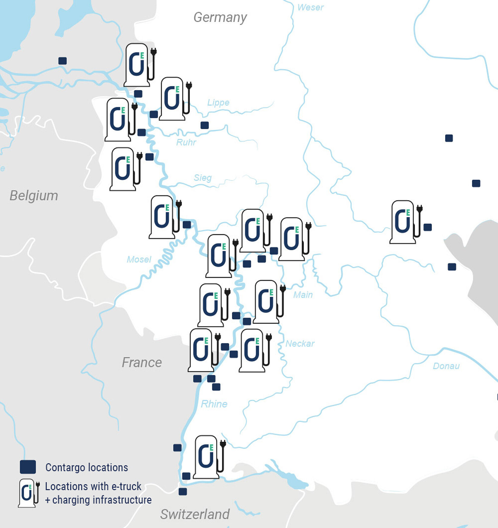 Karte mit der Ladeinfrasturktur von Contargo